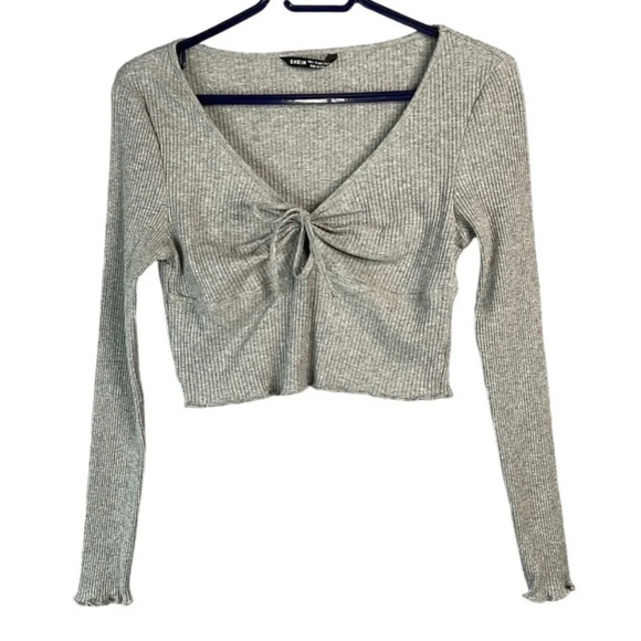 5/$25 SHEIN Qutie Lettuce Trim Knot Front RibKnit Tee Grey Cropped Long Sleeve L - Picture 2 of 11